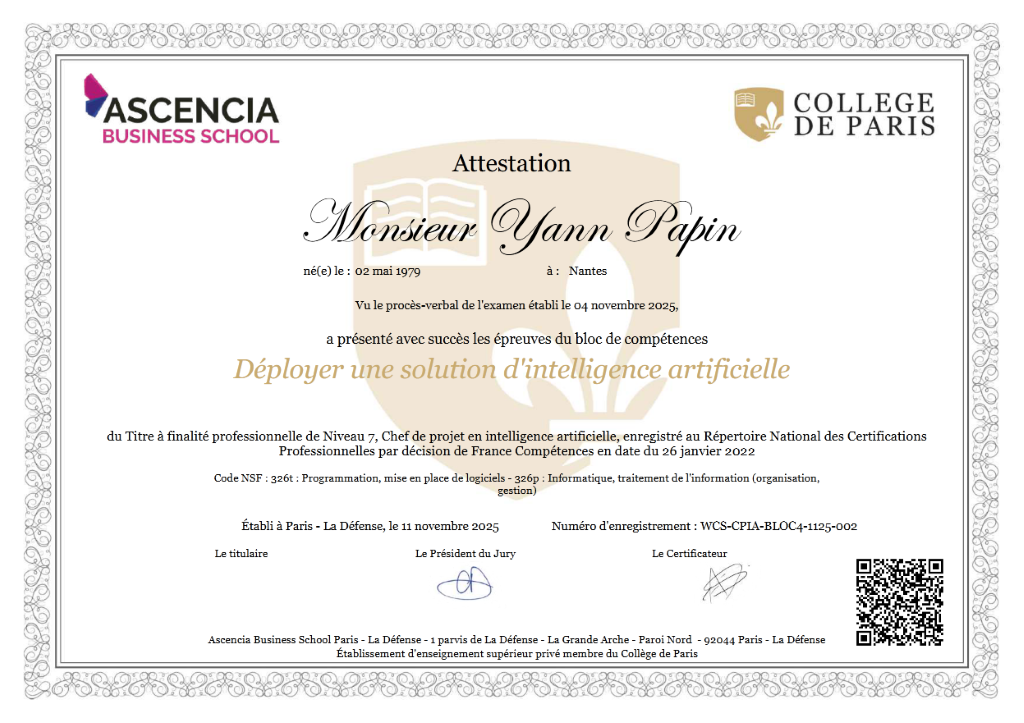 Certification - Chef de projet I.A.